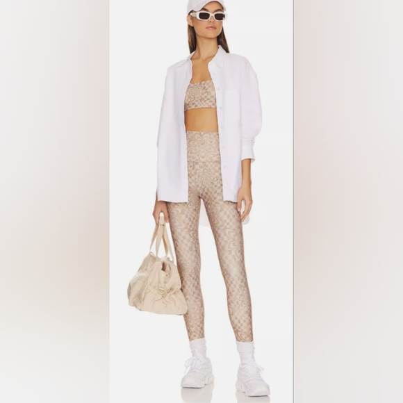 Beyond Yoga Pants - NWT.... BEYOND YOGA Rare Tan Check Flower High Waisted Midi Leggings SIZE L